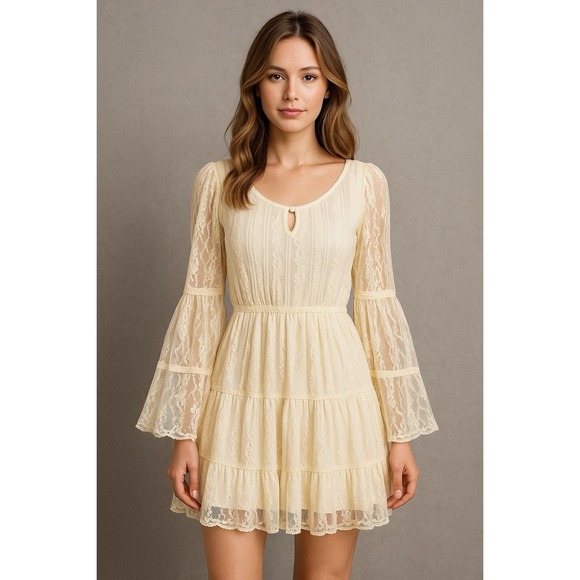 chinese dress ladies Cream Smocked Bubble Sleeve Lace Maxi Dress main image 0